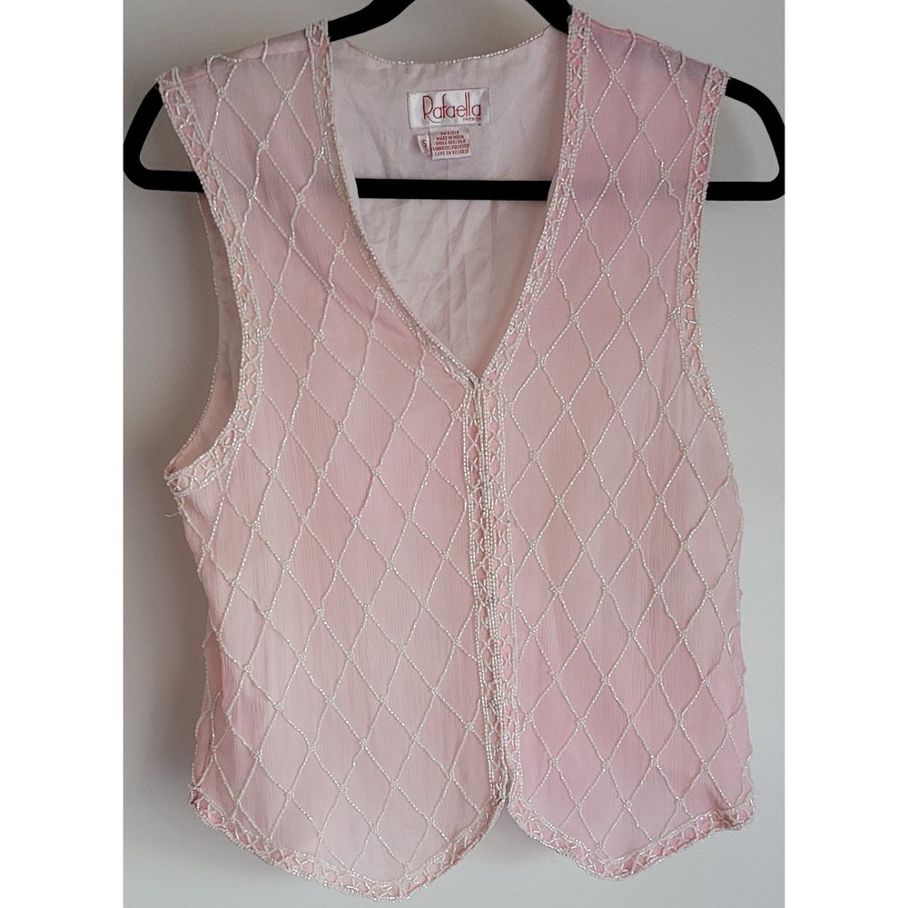 NWT Rafaella Petites Silk Vest S Pink Diamond V-Neck Sleeveless Beaded Vintage